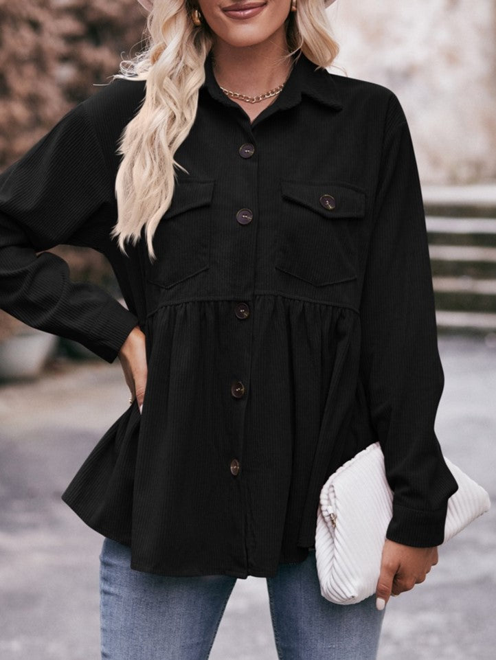 Corduroy Peplum Hem Flap Pocket Button Up Shirt - Black