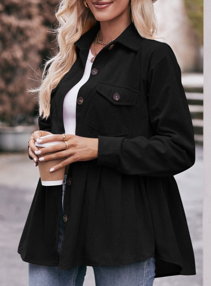 Corduroy Peplum Hem Flap Pocket Button Up Shirt - Black - 1