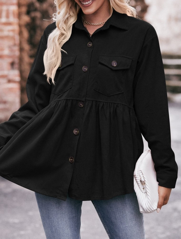 Corduroy Peplum Hem Flap Pocket Button Up Shirt - Black - 2