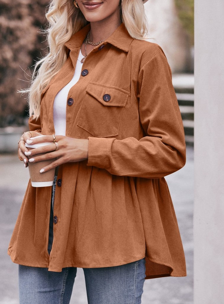 Corduroy Peplum Hem Flap Pocket Button Up Shirt - Caramel - 1
