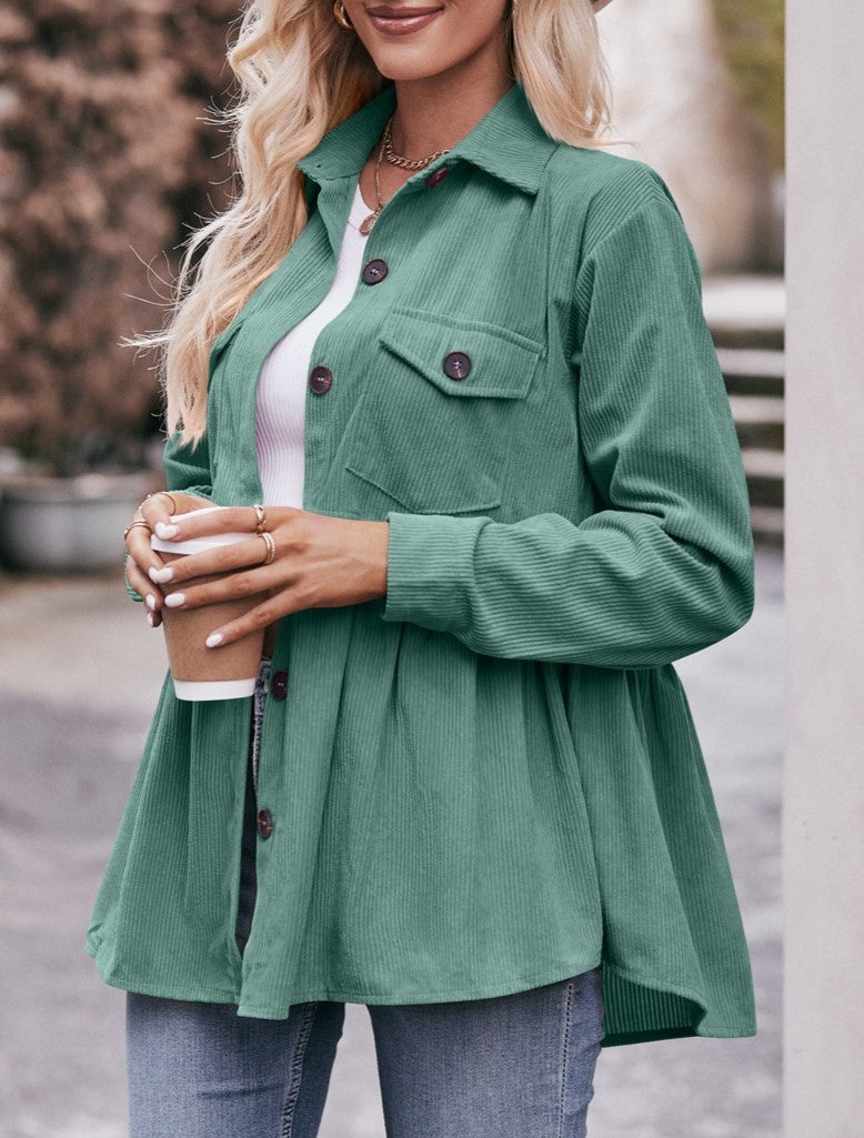 Corduroy Peplum Hem Flap Pocket Button Up Shirt - Green