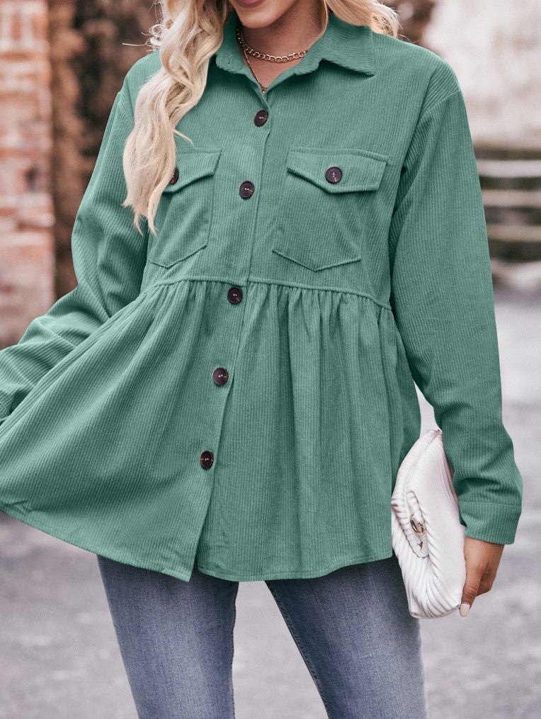 Corduroy Peplum Hem Flap Pocket Button Up Shirt - Green - 1