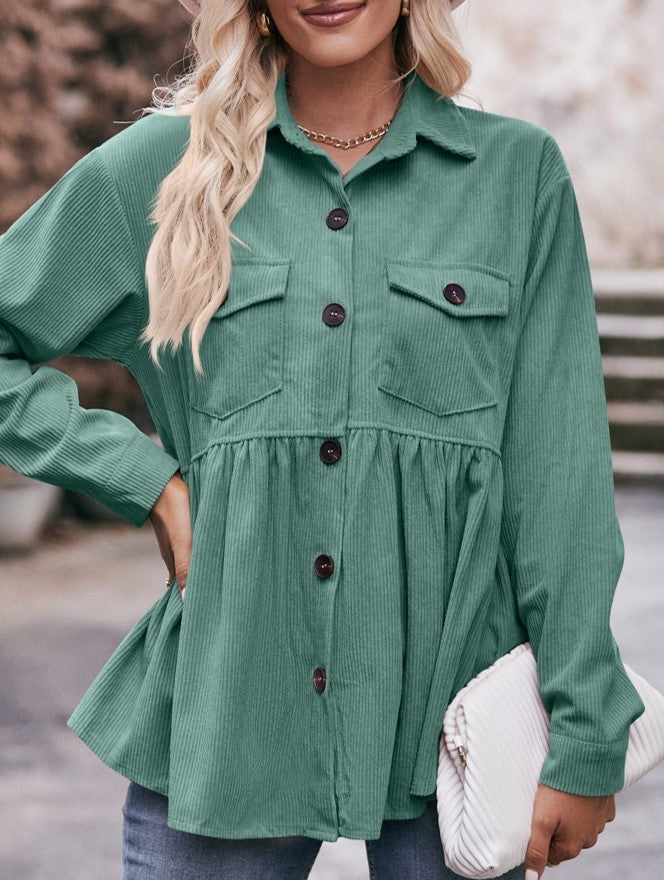 Corduroy Peplum Hem Flap Pocket Button Up Shirt - Green - 2