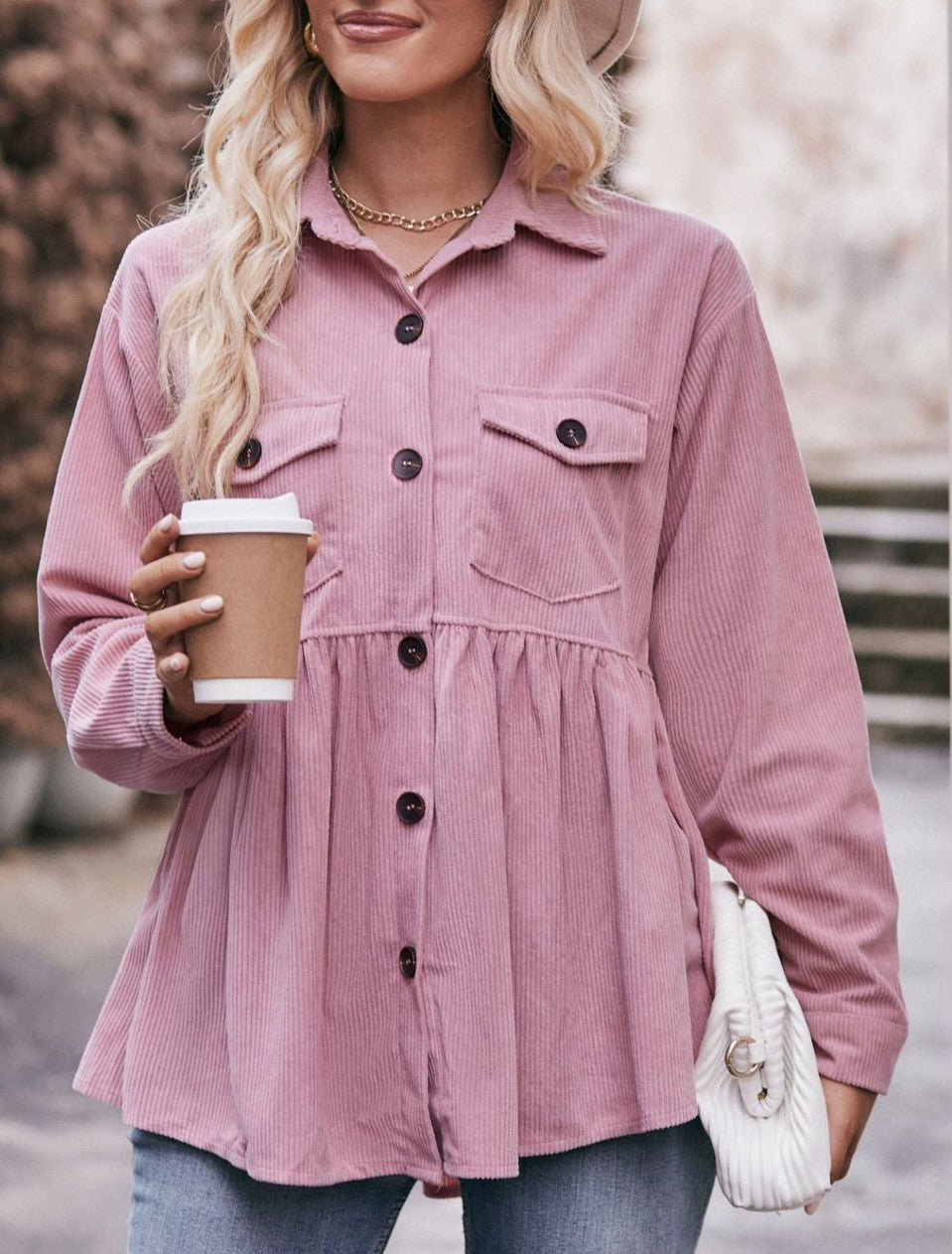 Corduroy Peplum Hem Flap Pocket Button Up Shirt - Pink