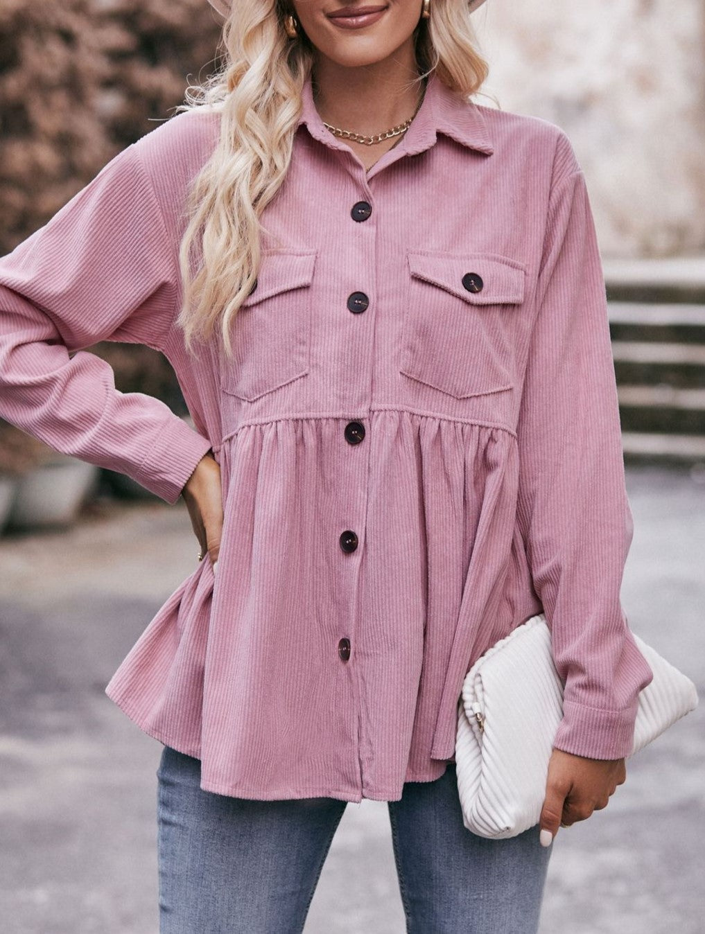 Corduroy Peplum Hem Flap Pocket Button Up Shirt - Pink - 1