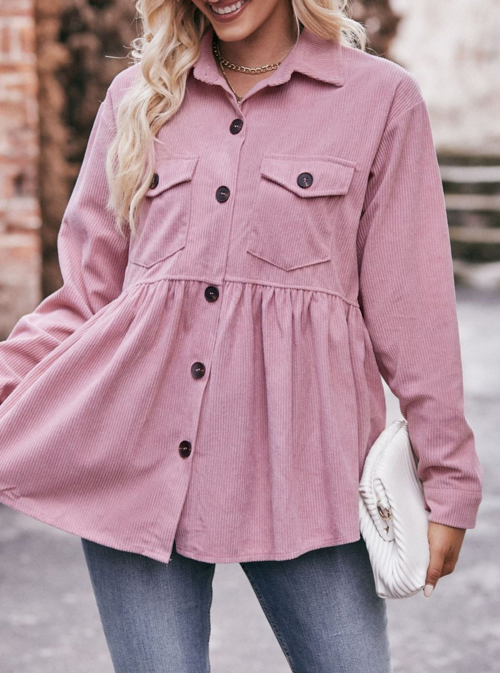 Corduroy Peplum Hem Flap Pocket Button Up Shirt - Pink - 2