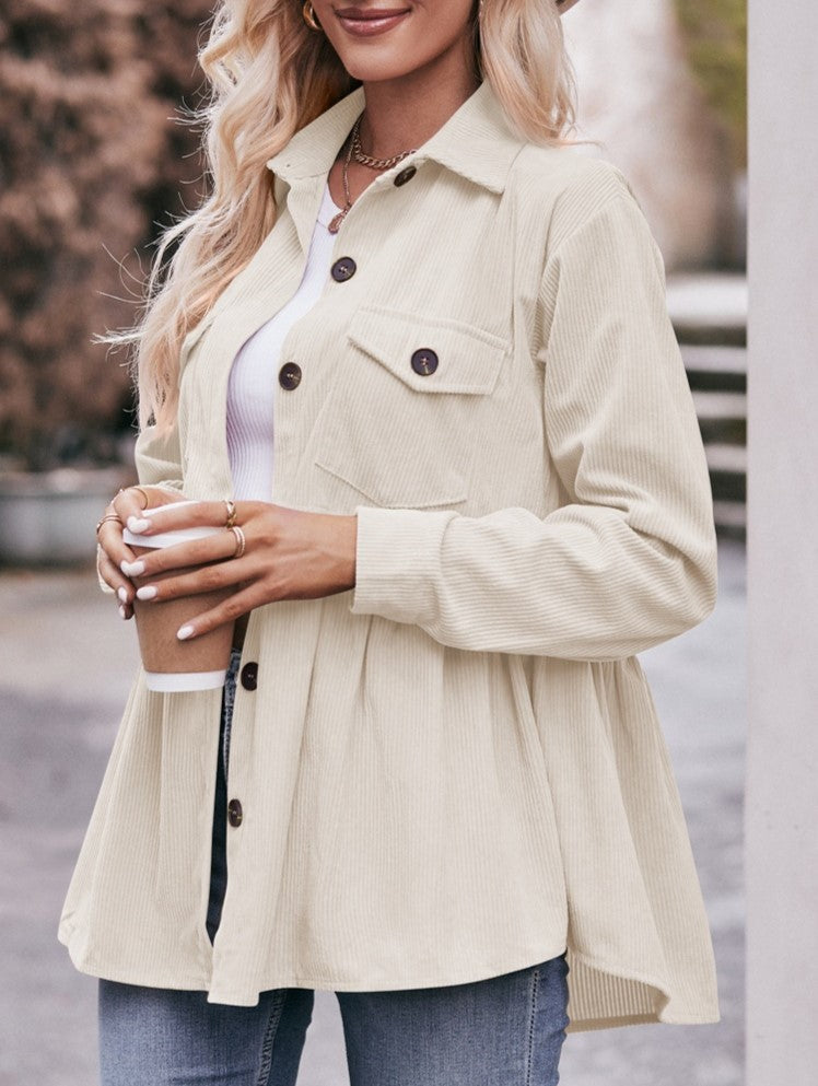Corduroy Peplum Hem Flap Pocket Button Up Shirt - White - 1