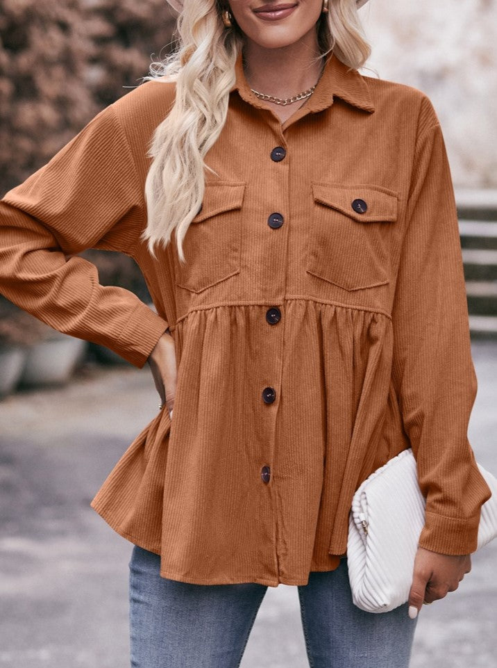 Corduroy Peplum Hem Flap Pocket Button Up Shirt - view 1