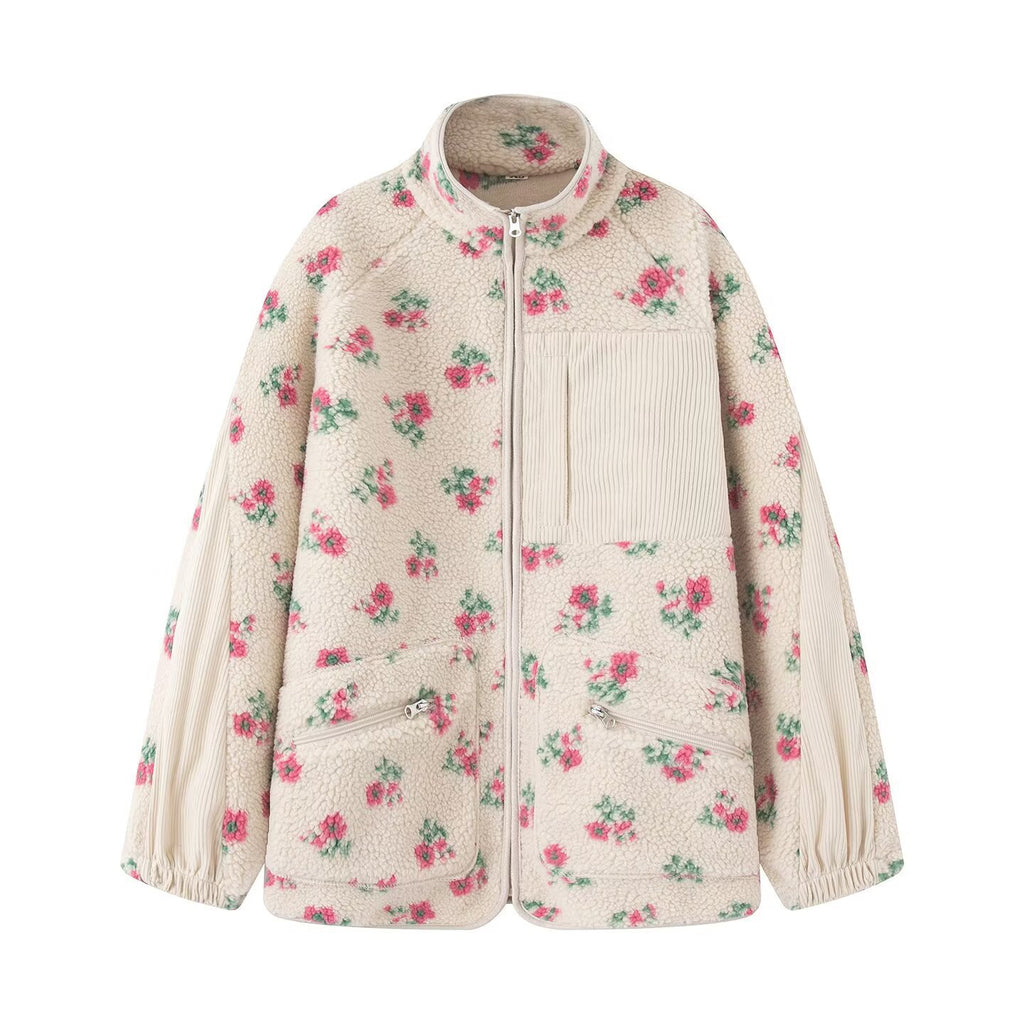 Ditsy Floral Fleece Zip Up Coat - White