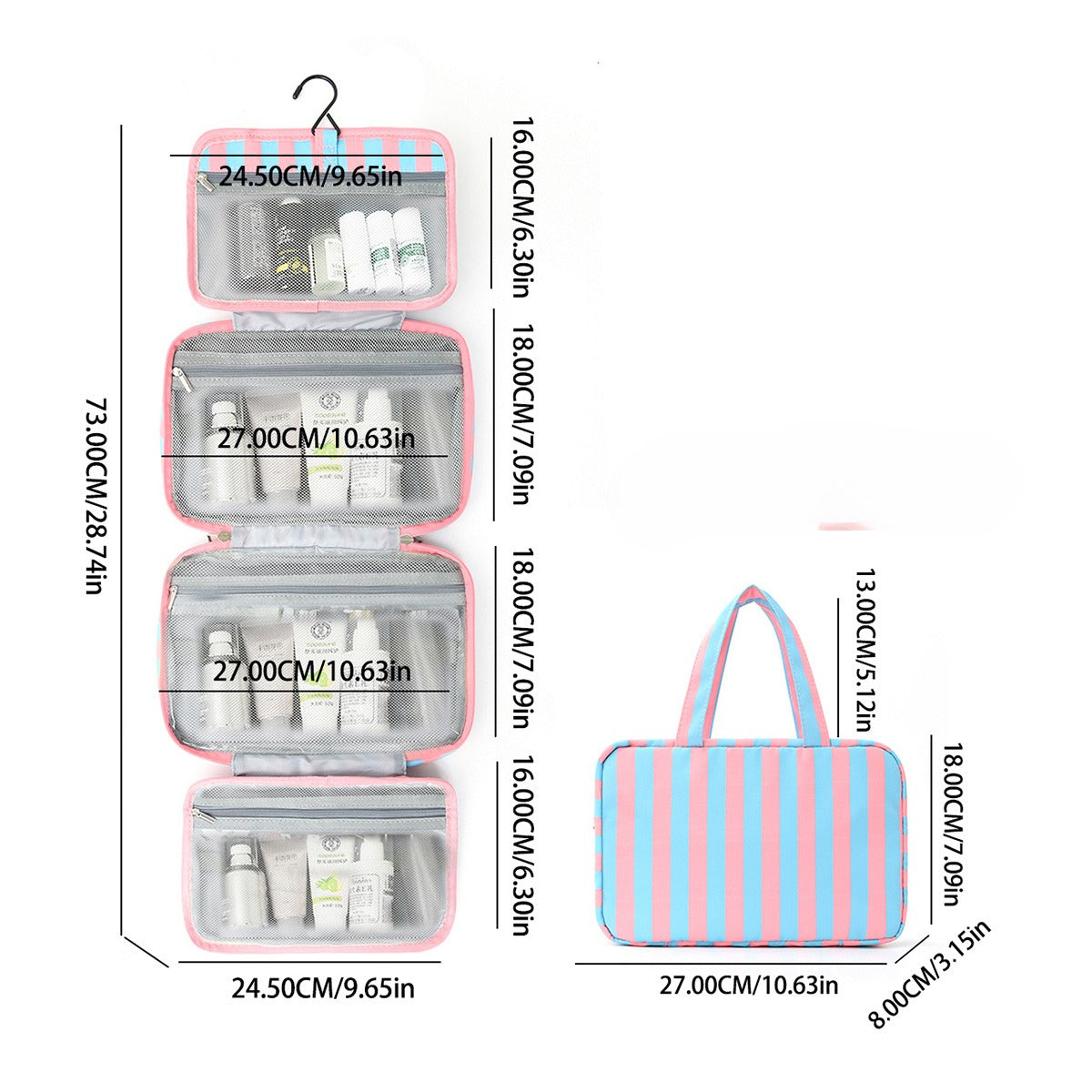 Hanging Travel Toiletry Bag Four Zip Compartments - BluePink
