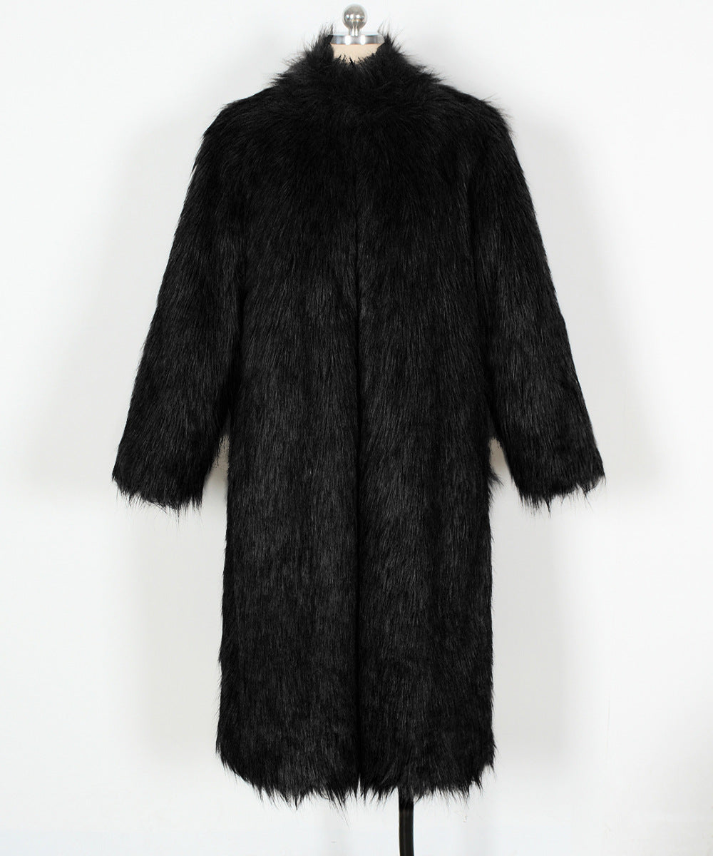 Funnel Neck Longline Faux Fur Coat - Black