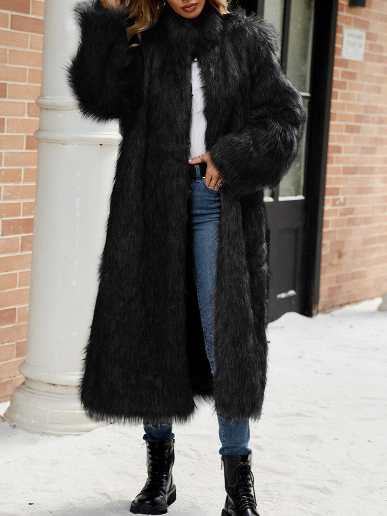 Funnel Neck Longline Faux Fur Coat - Black - 2
