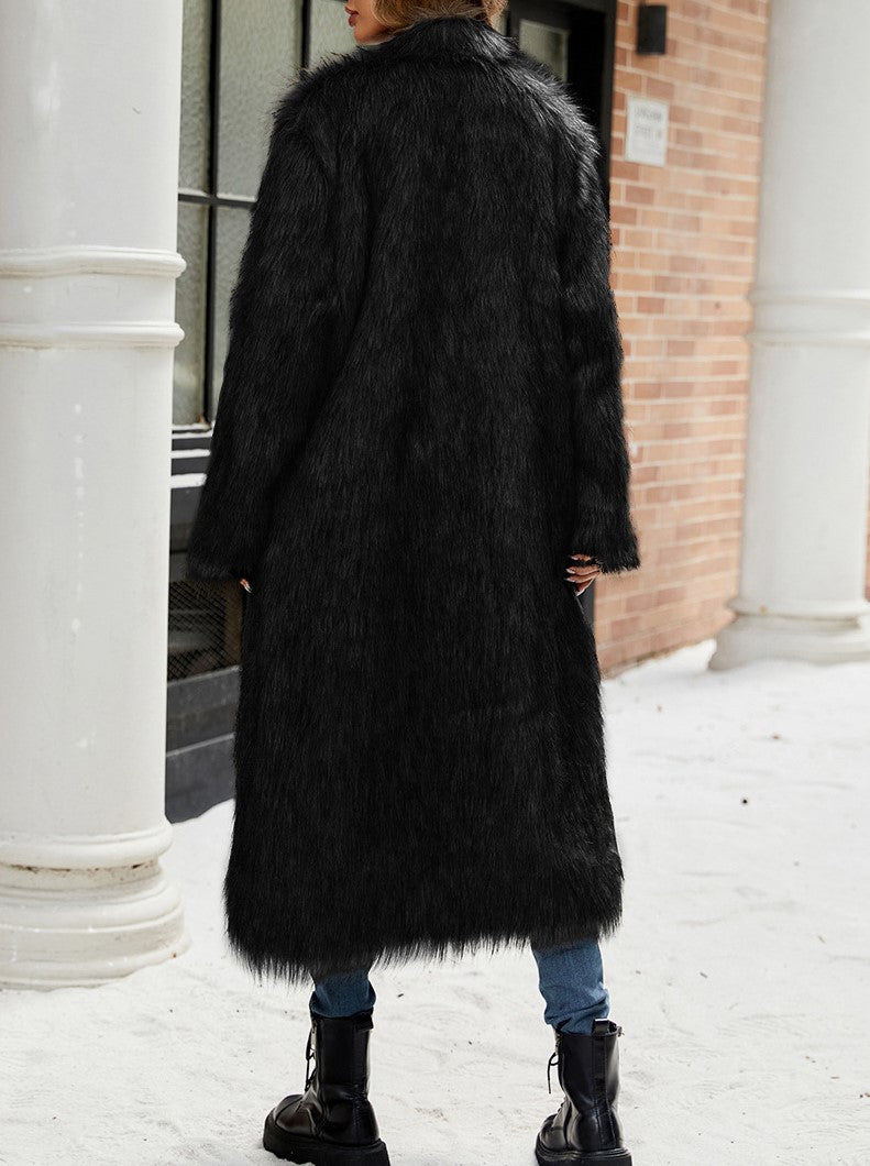 Funnel Neck Longline Faux Fur Coat - Black - 3