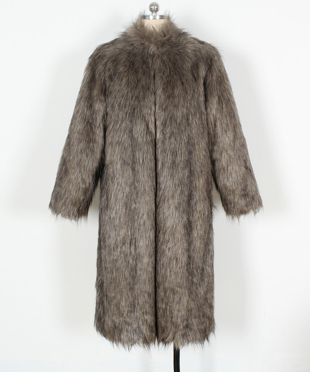 Funnel Neck Longline Faux Fur Coat - Darkgrey
