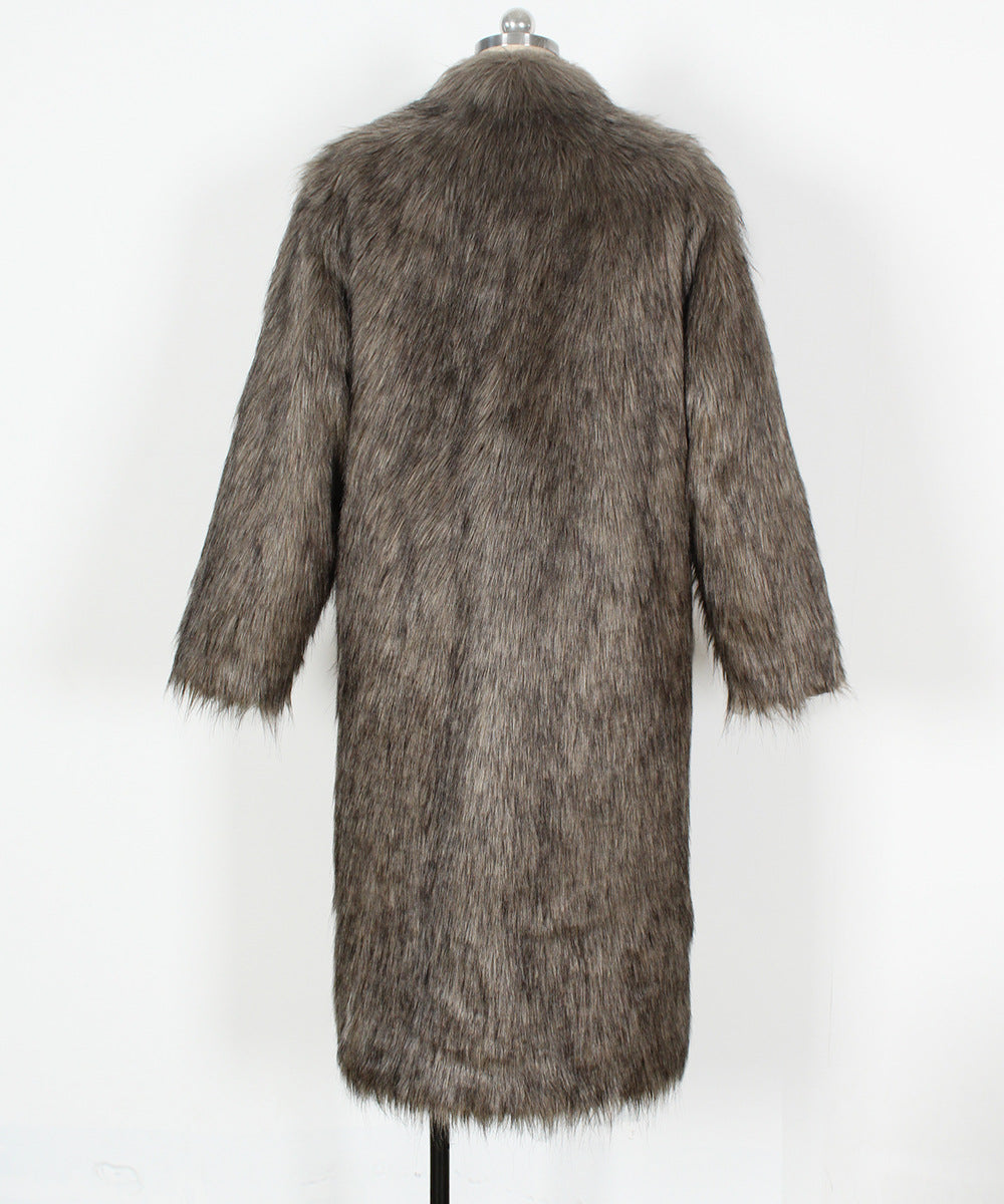 Funnel Neck Longline Faux Fur Coat - Darkgrey - 1