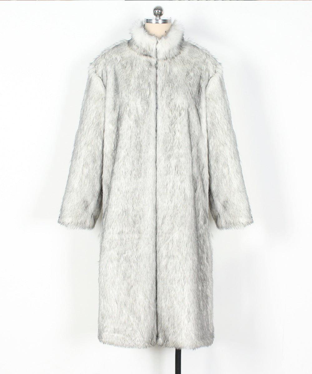 Funnel Neck Longline Faux Fur Coat - White