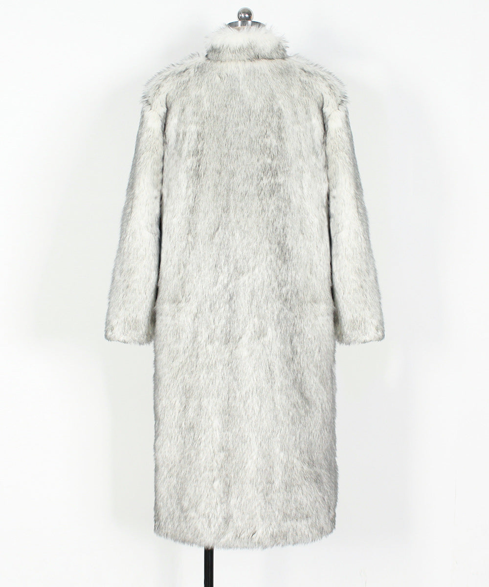 Funnel Neck Longline Faux Fur Coat - White - 1