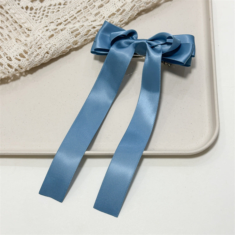 Satin Ribbon Long Tail Bow Barrette - Blue