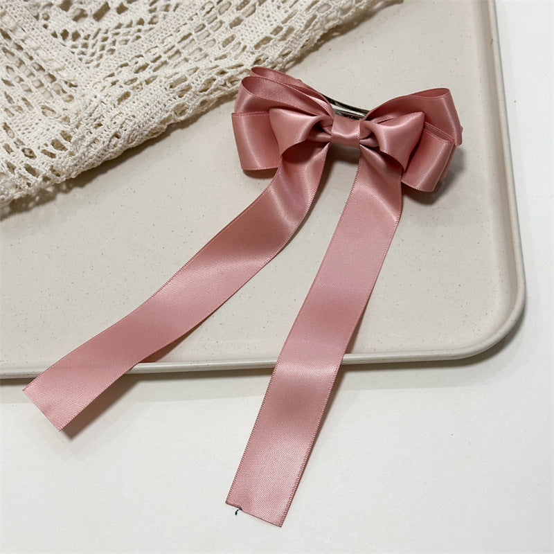 Satin Ribbon Long Tail Bow Barrette - Blush