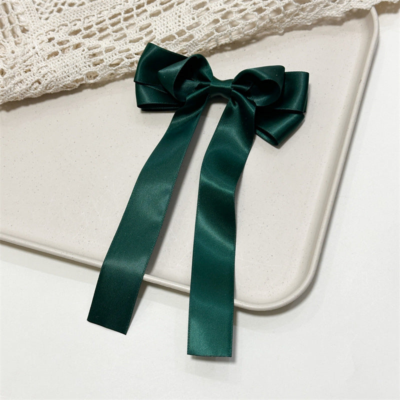 Satin Ribbon Long Tail Bow Barrette - Forest