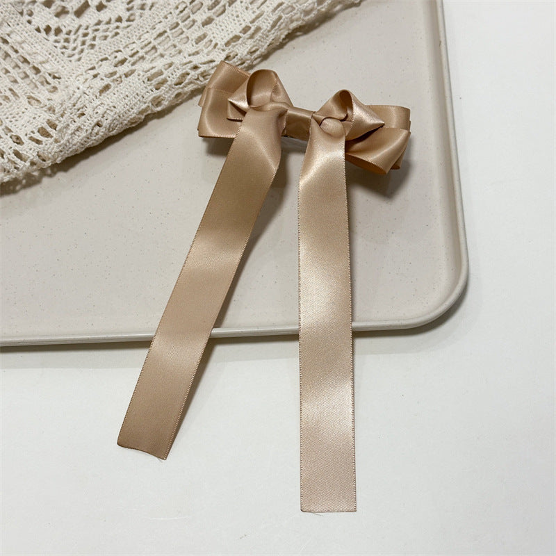 Satin Ribbon Long Tail Bow Barrette - Latte