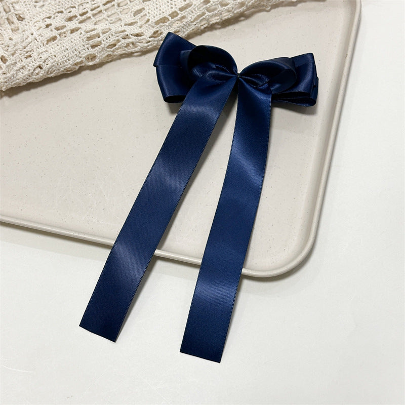 Satin Ribbon Long Tail Bow Barrette - Navy