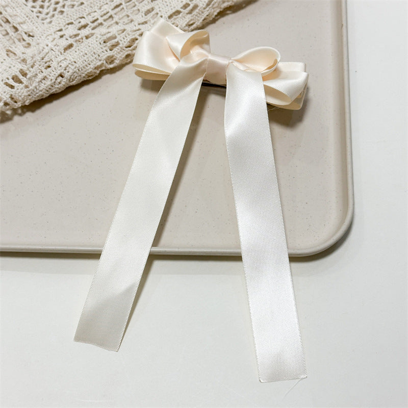 Satin Ribbon Long Tail Bow Barrette - OffWhite