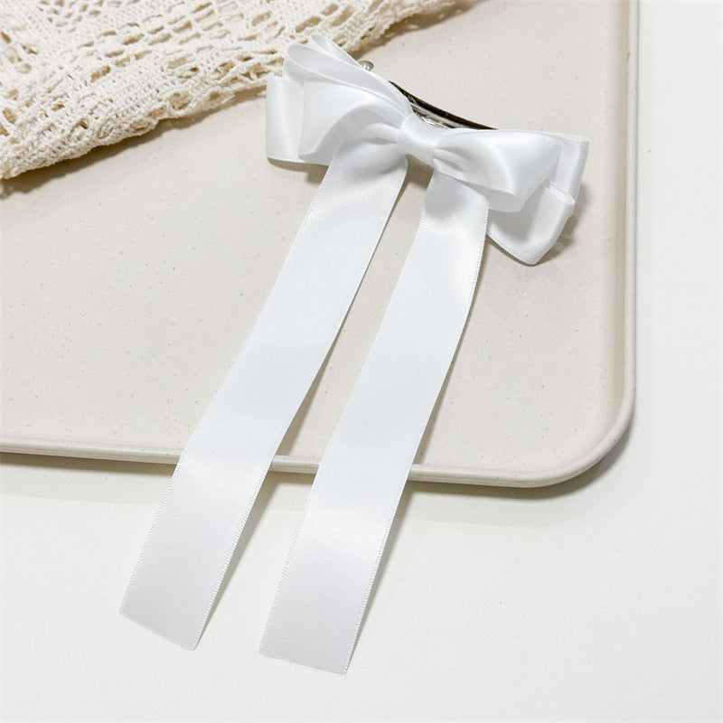 Satin Ribbon Long Tail Bow Barrette - White