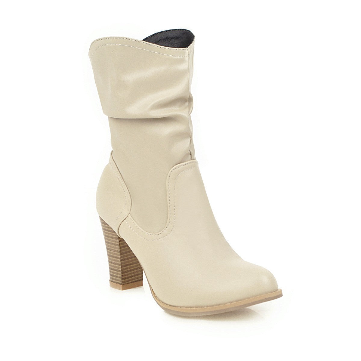Slouchy Ruched Block Heel Ankle Boots - Cream