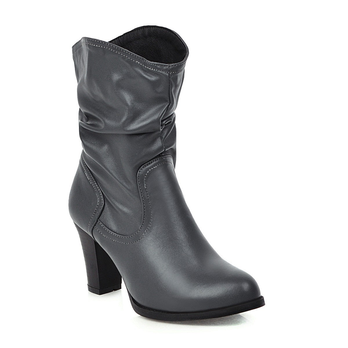 Slouchy Ruched Block Heel Ankle Boots - Gray