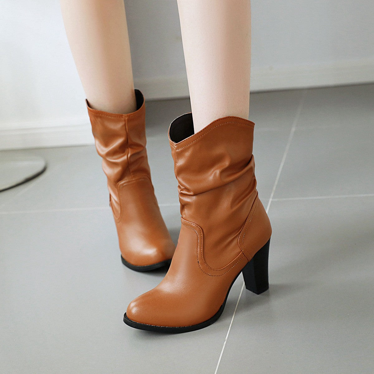 Slouchy Ruched Block Heel Ankle Boots
