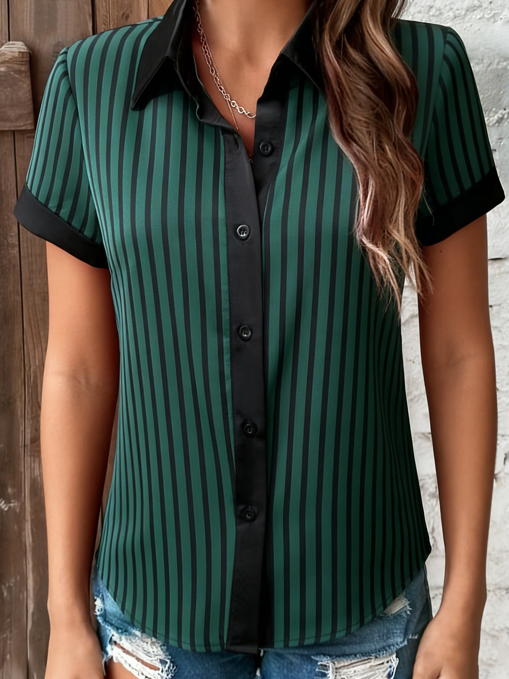 Contrast Trim Pinstripe Button Up Office Shirt - Green - 1