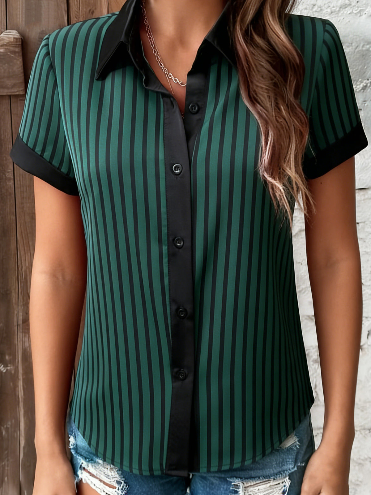 Contrast Trim Pinstripe Button Up Office Shirt - Green - 1