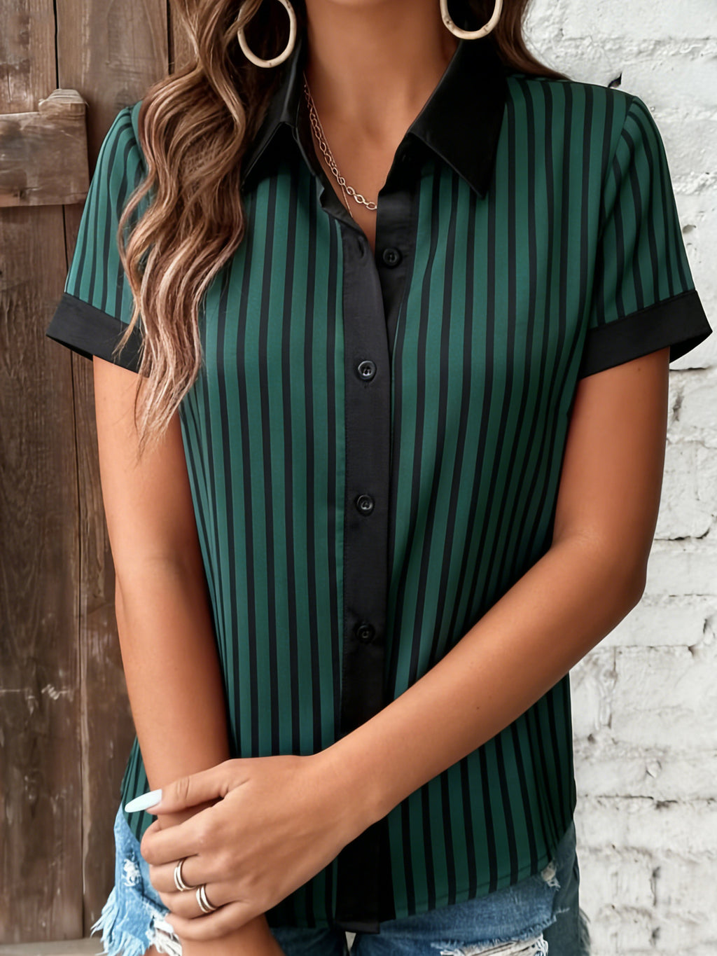 Contrast Trim Pinstripe Button Up Office Shirt - Green - 2