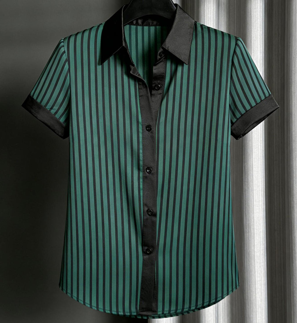 Contrast Trim Pinstripe Button Up Office Shirt - Green - 4