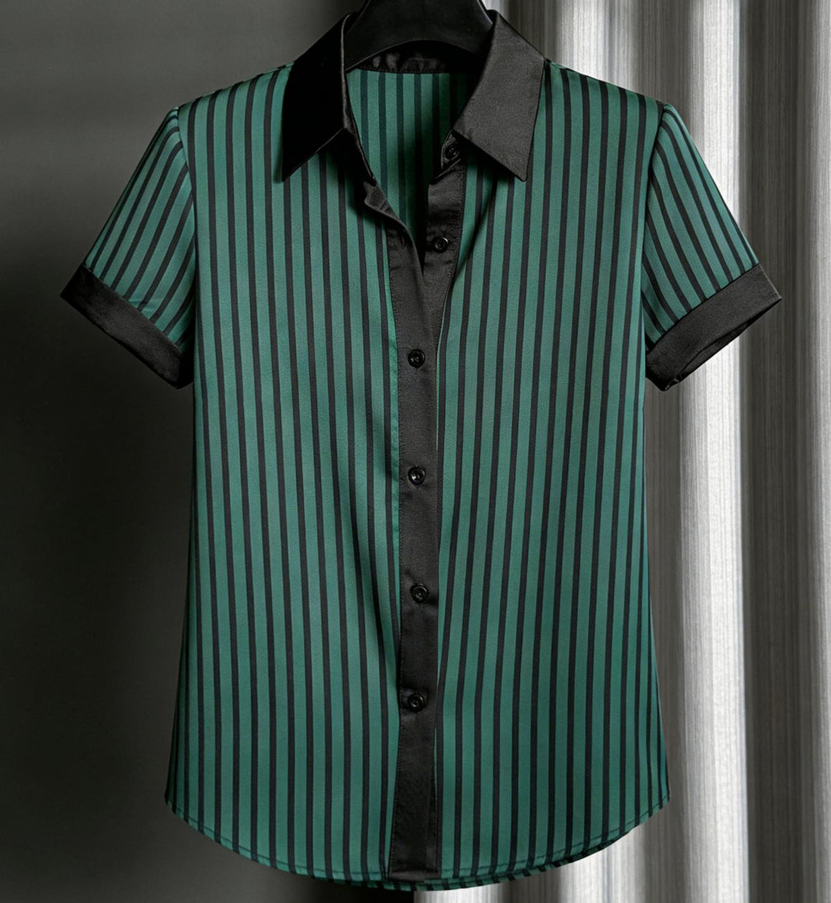Contrast Trim Pinstripe Button Up Office Shirt - Green - 4