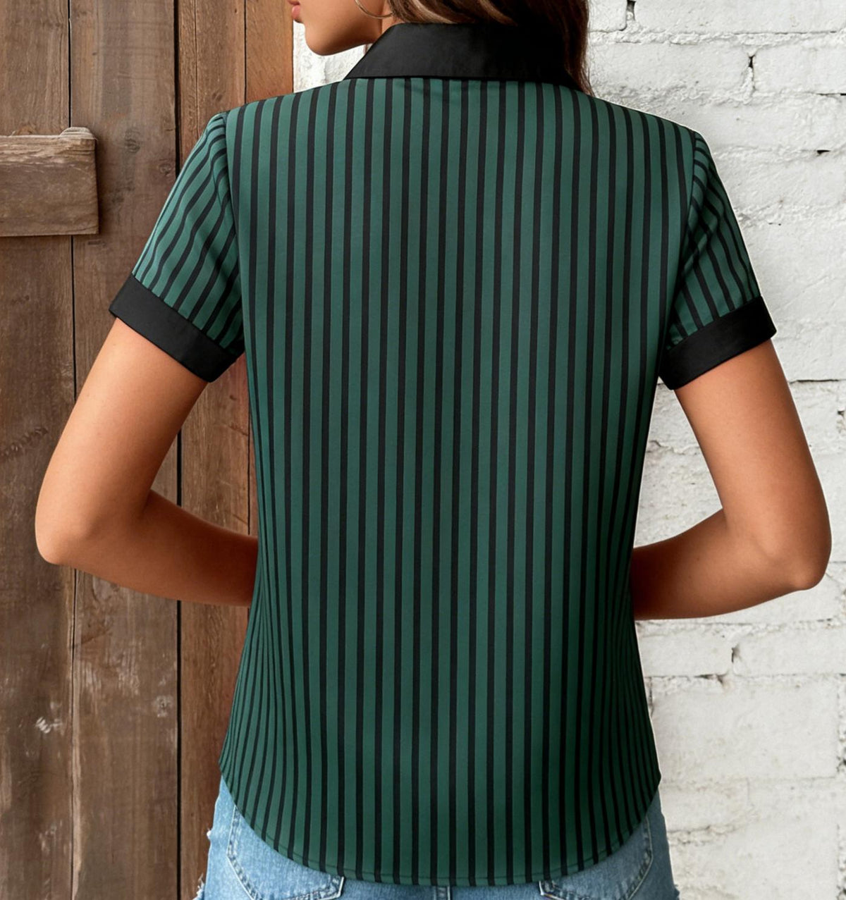 Contrast Trim Pinstripe Button Up Office Shirt - Green - 5