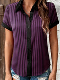 Contrast Trim Pinstripe Button Up Office Shirt - Purple