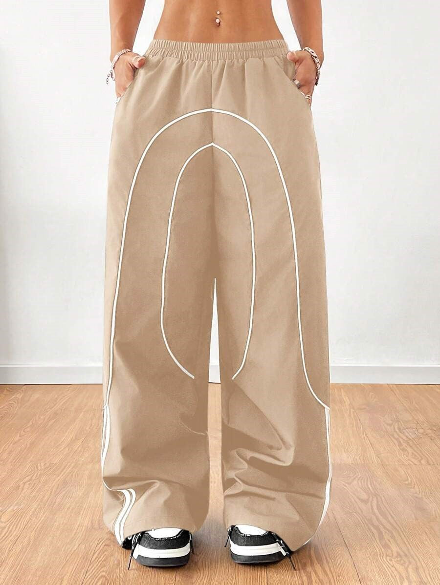 Contrast Piped Baggy Parachute Pants - Khaki