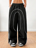 Contrast Piped Baggy Parachute Pants - black