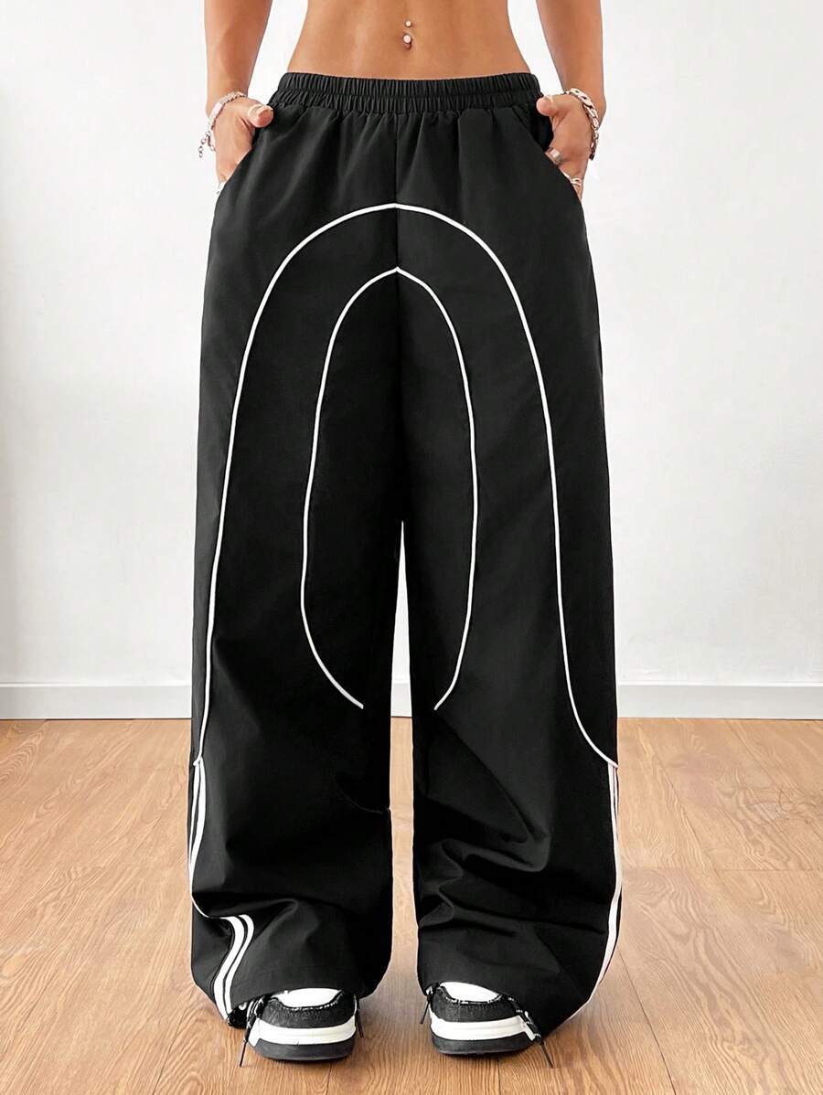 Contrast Piped Baggy Parachute Pants - black