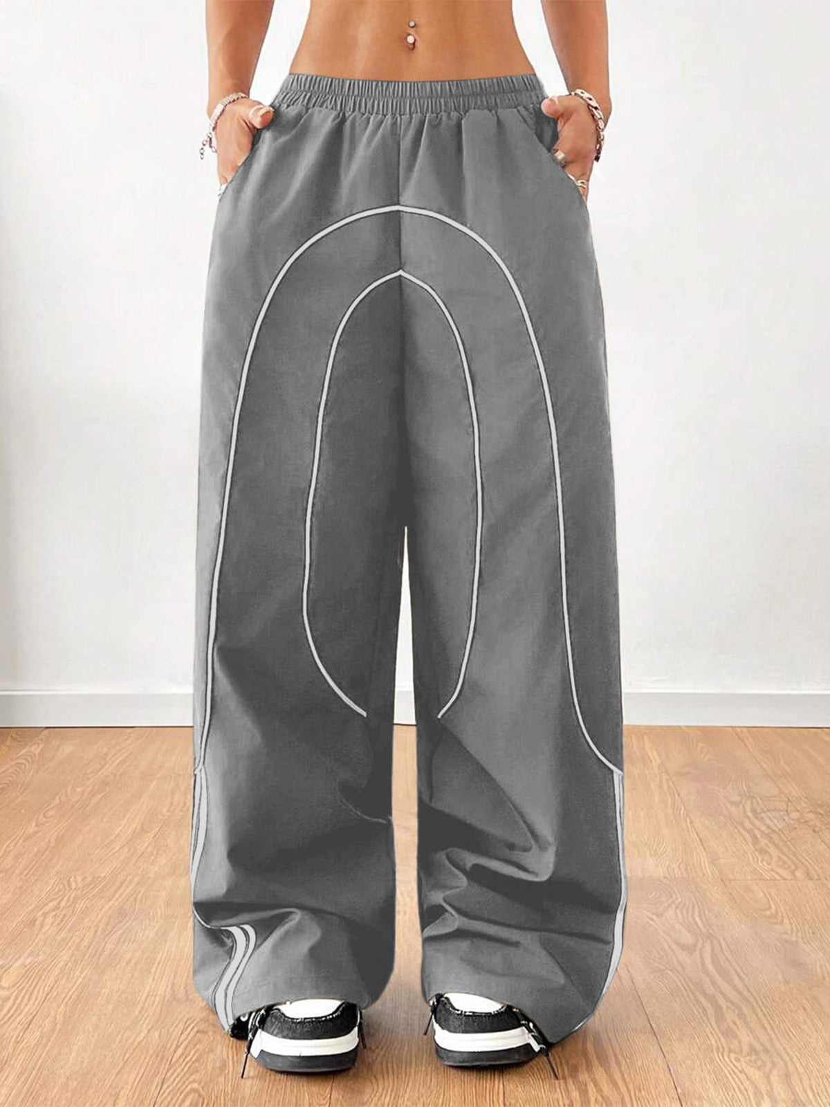 Contrast Piped Baggy Parachute Pants - grey