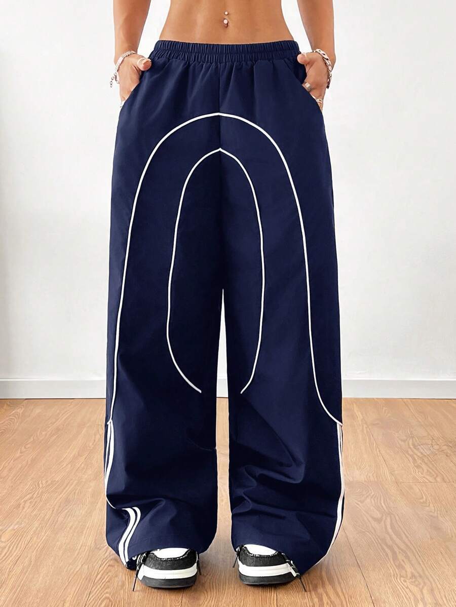 Contrast Piped Baggy Parachute Pants - navy