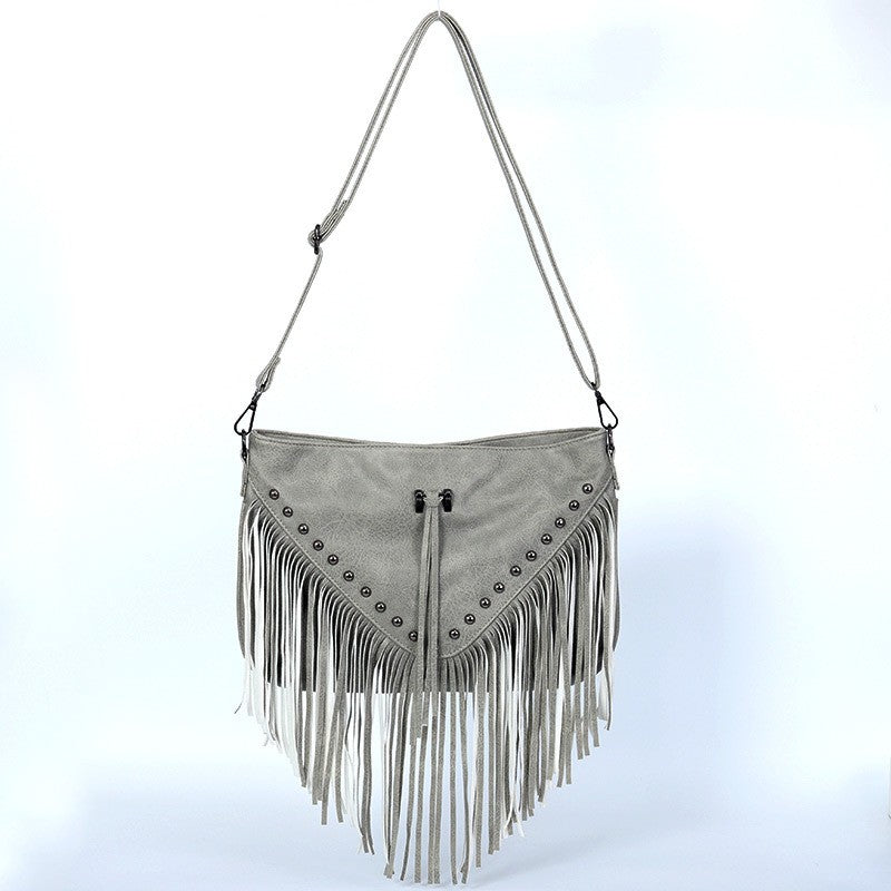 Studded Fringe Western Shoulder Bag - Gray