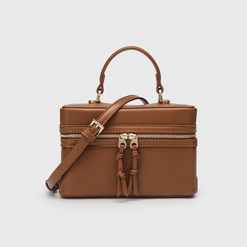 Structured Box Crossbody Bag With Top Handle - PUBrown