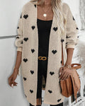 Heart Print Longline Open Front Cardigan - Apricot