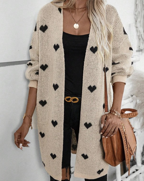 Heart Print Longline Open Front Cardigan - Apricot