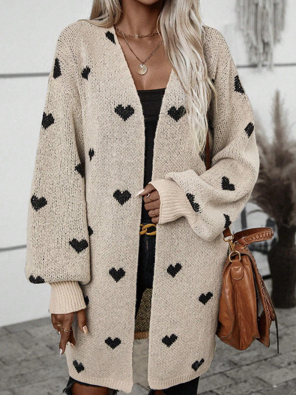 Heart Print Longline Open Front Cardigan - Apricot - 1