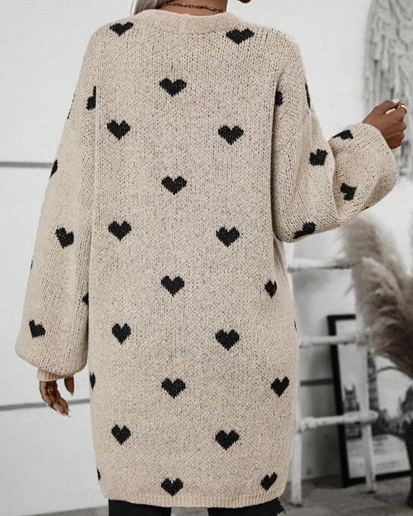 Heart Print Longline Open Front Cardigan - Apricot - 2