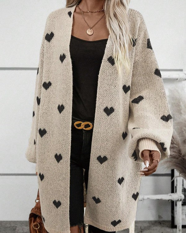 Heart Print Longline Open Front Cardigan - Apricot - 3